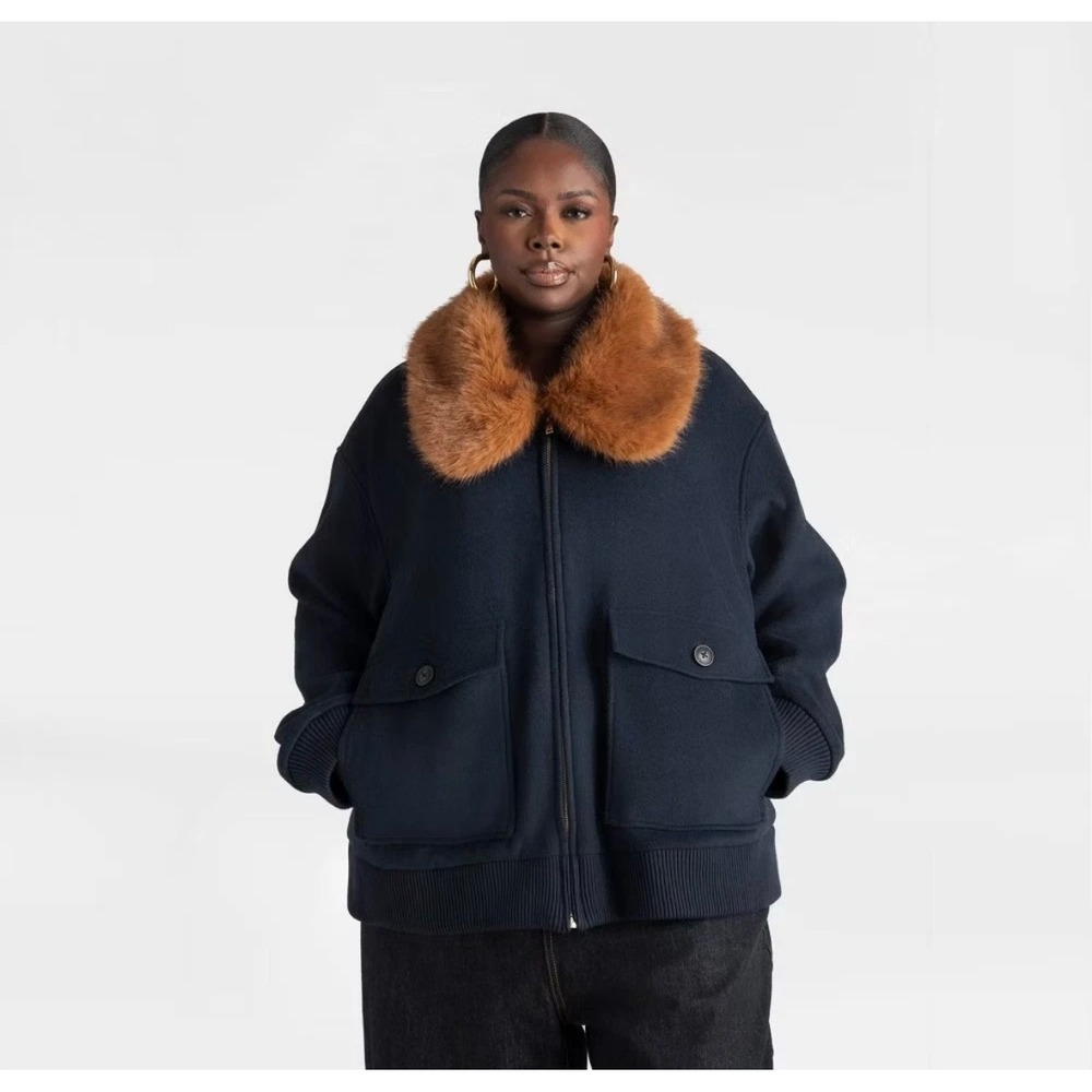 KBB by‎ KAHLANA Women's 'The Faux Fur Collar Bomber' - Navy Blue/Teddy